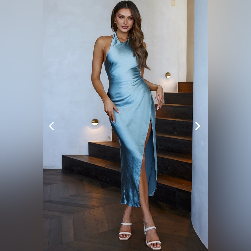 HALTERNECK FAUX WRAP TWIST BACK MAXI DRESS